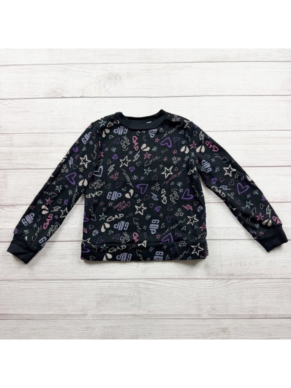 Gap Kids Black Crewneck Long Sleeve Graphic Sweatshirt With Stars Hearts M 8